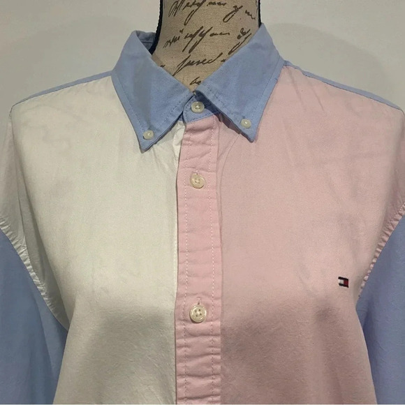 Tommy Hilfiger Long sleeve button down blue pink white color block shirt size XL - Picture 3 of 11